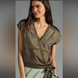 Anthropologie Embroidery Detail Wrap Blouse Tiny Tatiana Olive/Army Green Sz XL
